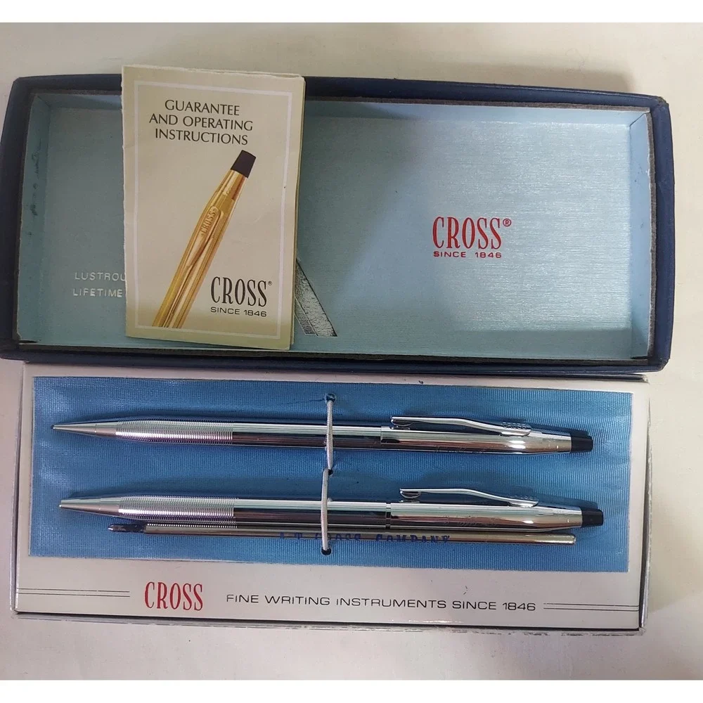 Cross Pen & Pencil Set Chrome Classic Fine Writing Instruments Boxed with Papers